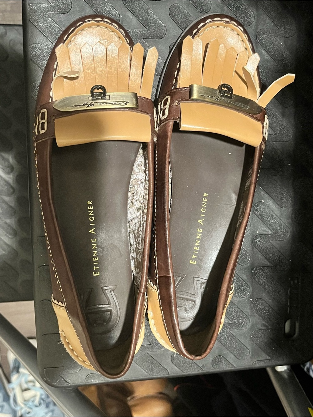 Etienne Aigner Two-Tone Brown and Tan Leather Kiltie Loafers